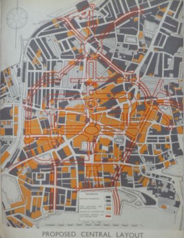 Proposed central layout - 'areas available for reconstruction' shown in grey and orange, new streets overlaid in red