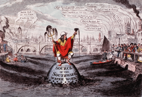 An 1832 cartoon by George Cruikshank.  It shows John Edwards, owner of the Southwark Water Company, posing as Neptune.