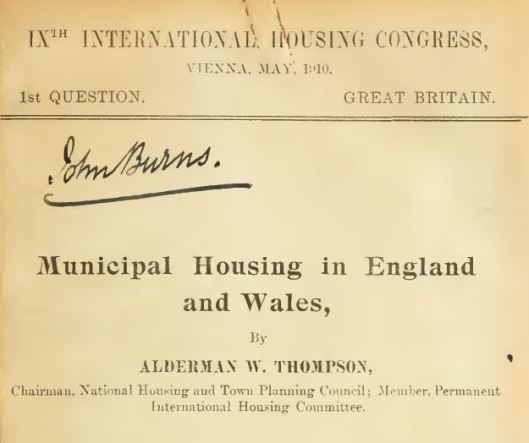 This is the title page of the UCLA's edition of Municipal Housing, apparently signed by then President of the Local Government Board, John Burns