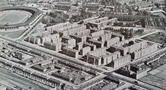 The world of the future: Plate XXVIII - White City Estate, Hammersmith, commenced 1936. Construction was suspended during the war. It was planned to contain 49 five-storey blocks, accommodating 11,000 people, when complete.