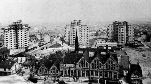 Duddeston and Nechells Redevelopment Area, Unit 1, 12-storey blocks under construction in 1951. From Glendinning and Muthesius, Tower Block