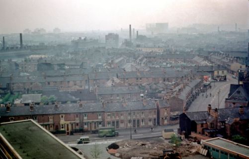 The view from Salford flats in Aston in 1957 gives a good idea of pre-existing conditions in inner-city Birmigham. From the Phyllis Nicklin collection