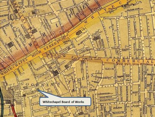 An 1868 map marking the offices of the Whitechapel District Board of Works