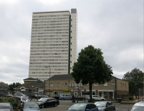 Eddystone Tower with the new shops and community centre, occupying the former area of Merrick House, in the foreground