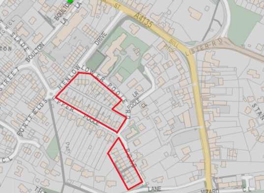 Modern map Dursley from Know Your place mapping subject to OS copyright sites highlighted